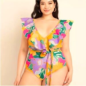 “ELOQUII” Tropical Floral Ruffled Swimsuit